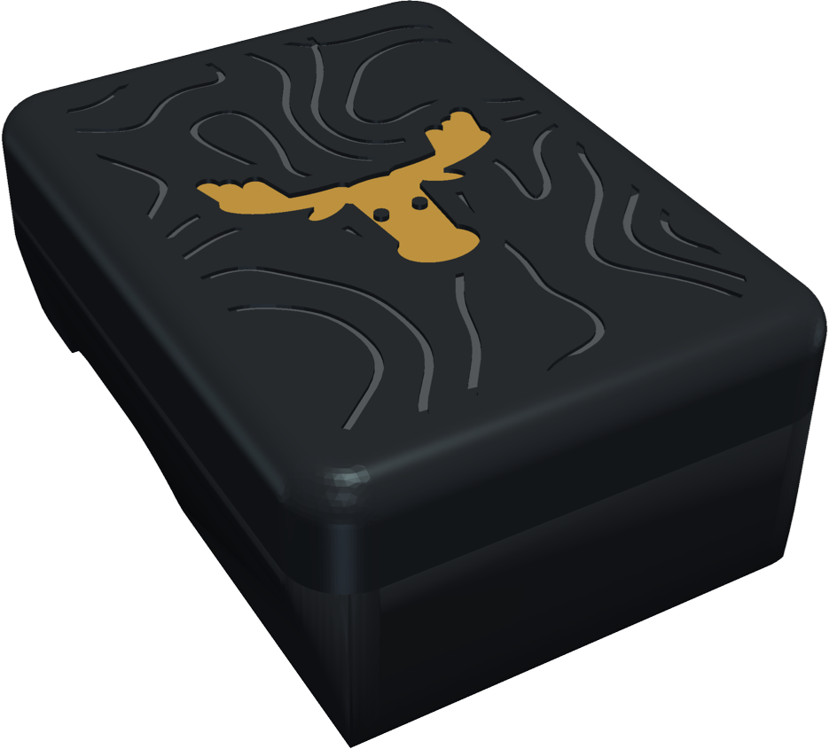 MooseOBD module: a black rounded case with a gold moose head emblem on a topographic-line top